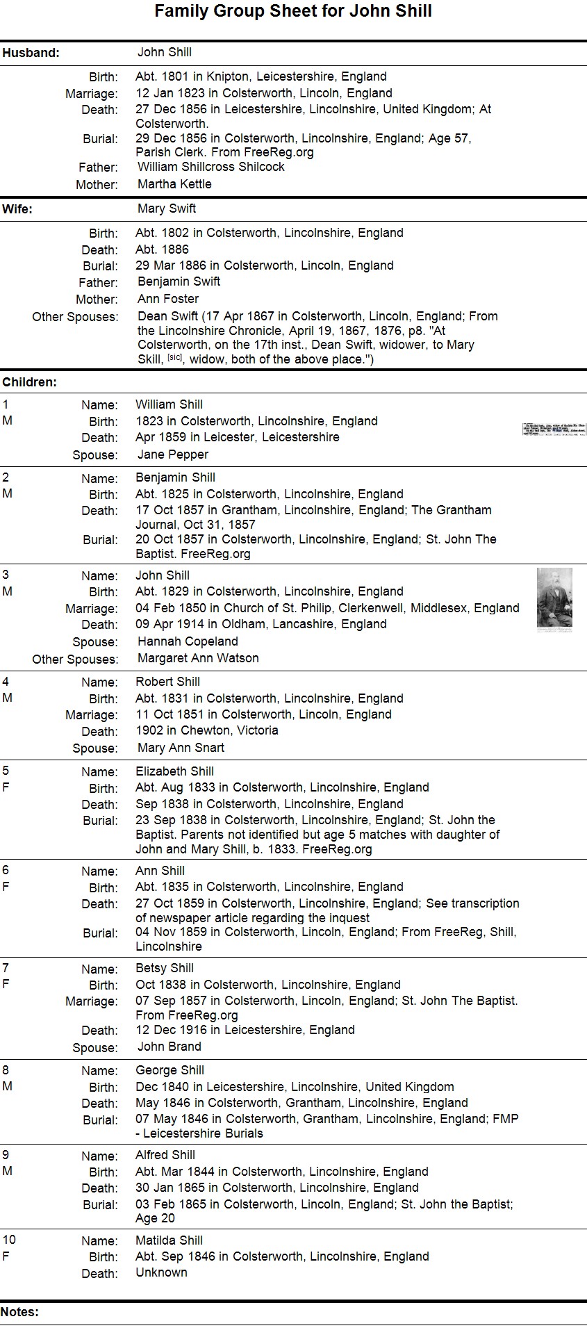 Family Group Sheet for John Shill (1801-1856) and Mary Swift (1802-1886) lived in Colsterworth, Lincolnshire