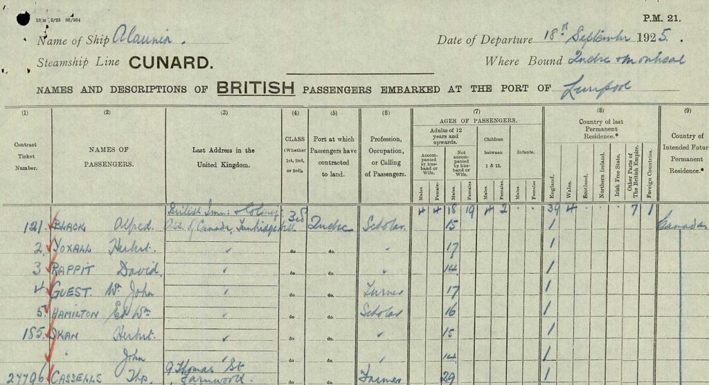 UK Outward passenger list with group of BICA boys, SS Alaunia, September 1925