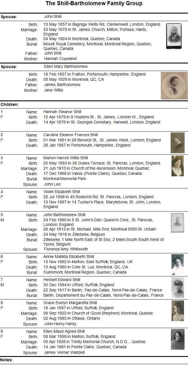 Family Group Record for the family of John Shill and Ellen Mary Bartholomew